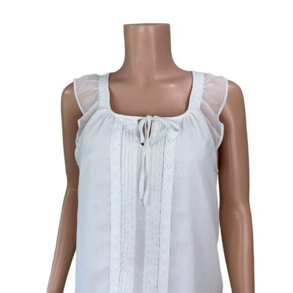 ELLE Women SZ L White Sleeveless Blouse Pleated Front-Tie Neck- Lined-Casual - Picture 13 of 14